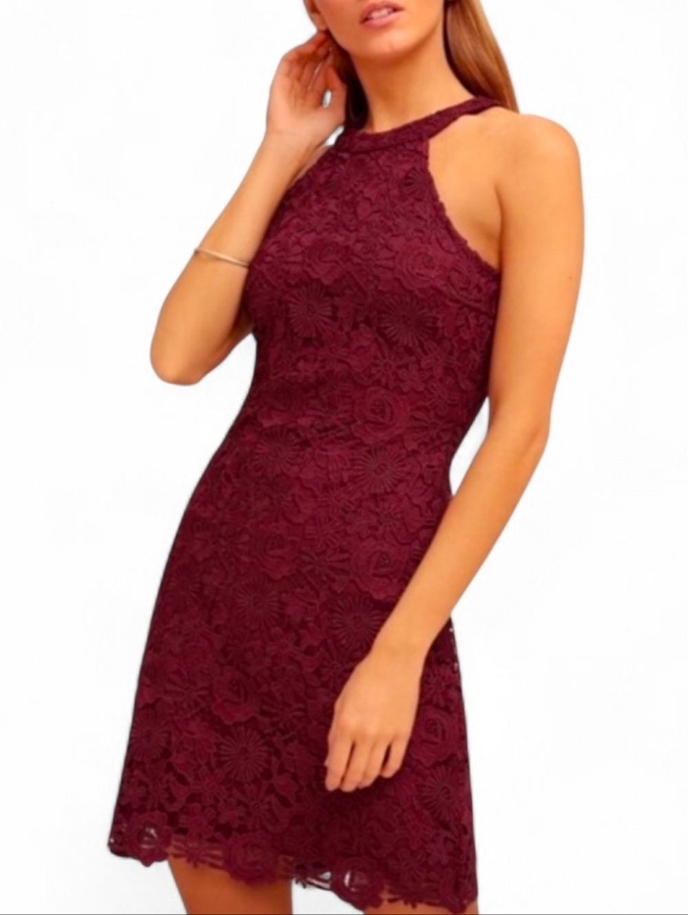 LULU'S Love Poem Burgandy Lace High Neck Bodycon Mini Dress - Medium